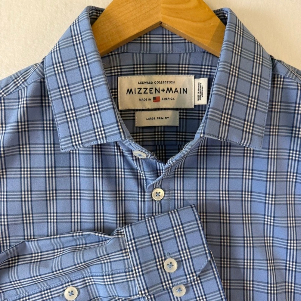 Mizzen+Main Leeward Collection Blue Plaid Performance Dress Shirt Large Trim Fit